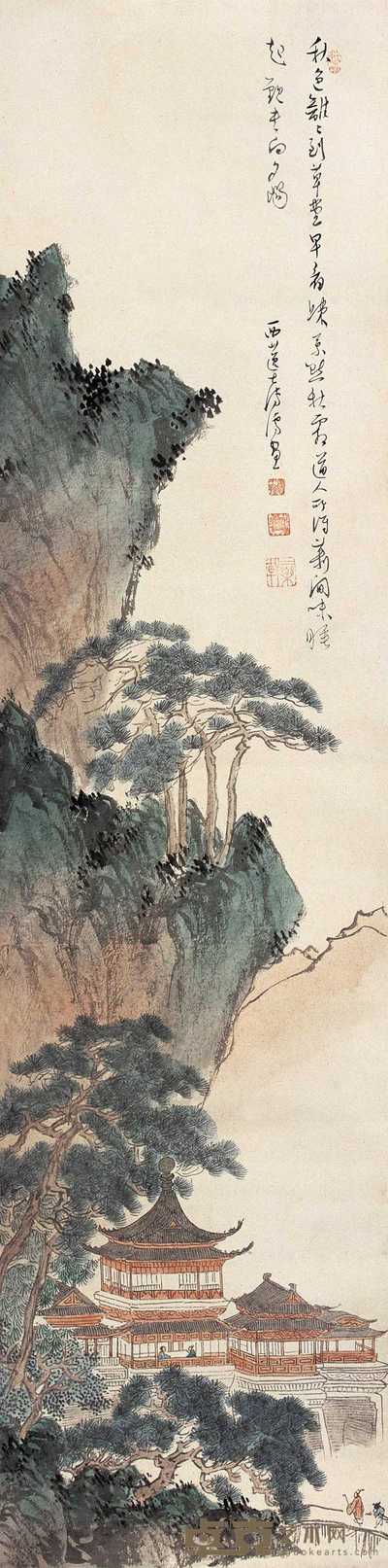 溥儒 松林楼阁 立轴 133×33cm